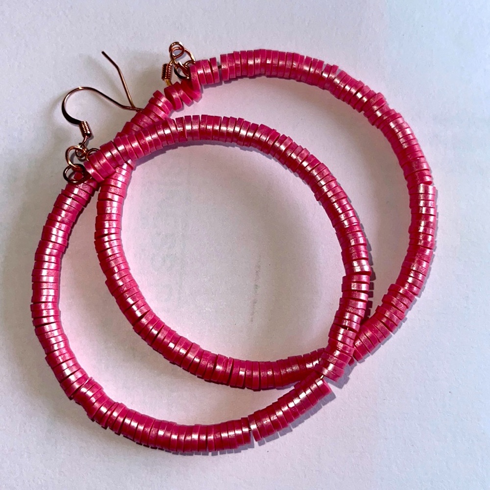 Pink polymer clay hoop earrings nickel free